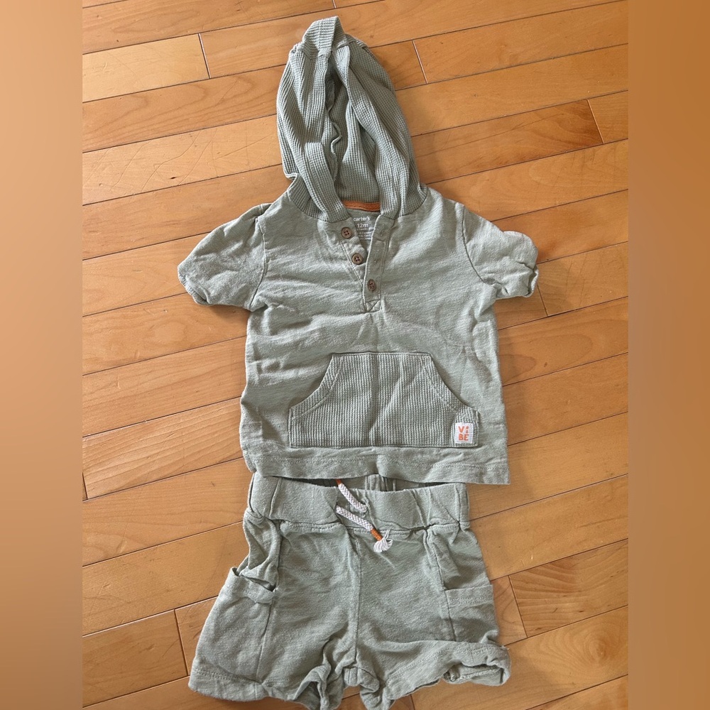 Carter's Olive Hooded Button-Up Top and Shorts Set